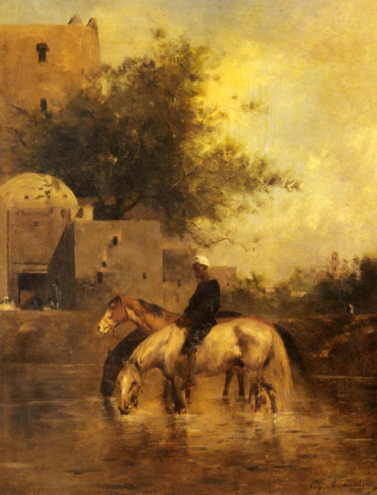 Cavalli che si abbeverano in un fiume